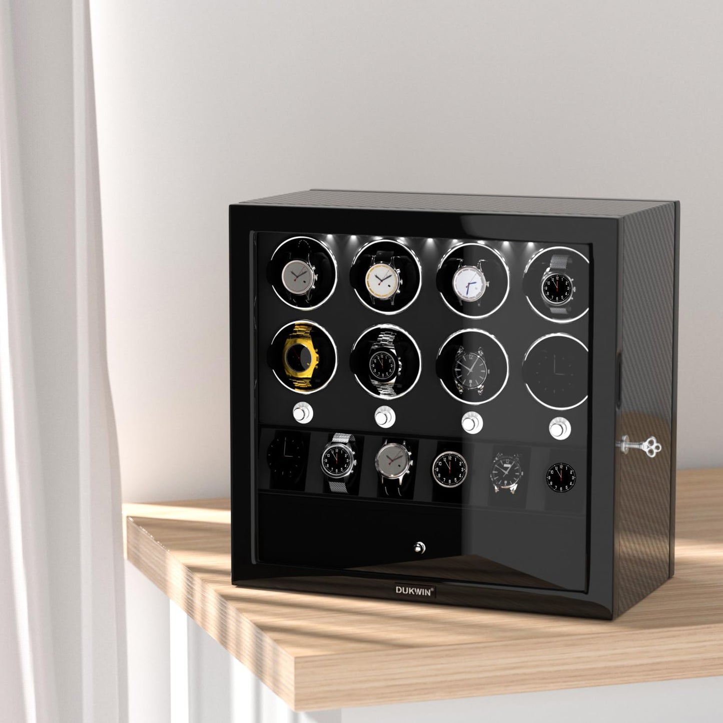 DUKWIN Watch Winder for 8 Automatic Watches, Lockable,6 Watch Storage Places and Jewelry Storage, Super Quiet Mabuchi Motor