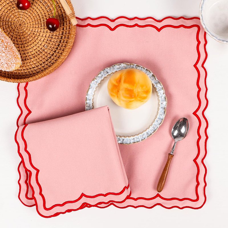 MIKI WELL Scalloped Embroidery Cloth Napkins Set of 4 14"X14" Cotton Napkins for Potluck Party Wedding Table Decor (Square Pink with Red)