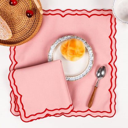 MIKI WELL Scalloped Embroidery Cloth Napkins Set of 4 14"X14" Cotton Napkins for Potluck Party Wedding Table Decor (Square Pink with Red)