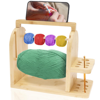 Yarn Holder for Crocheting and Knitting, Bamboo Wooden Yarn Spinner Storage Organizer with Built-in Phone Stand, Tangle-Free Dual Rods and Crocheting Tool Holder, Works with Skein,Cake,Ball