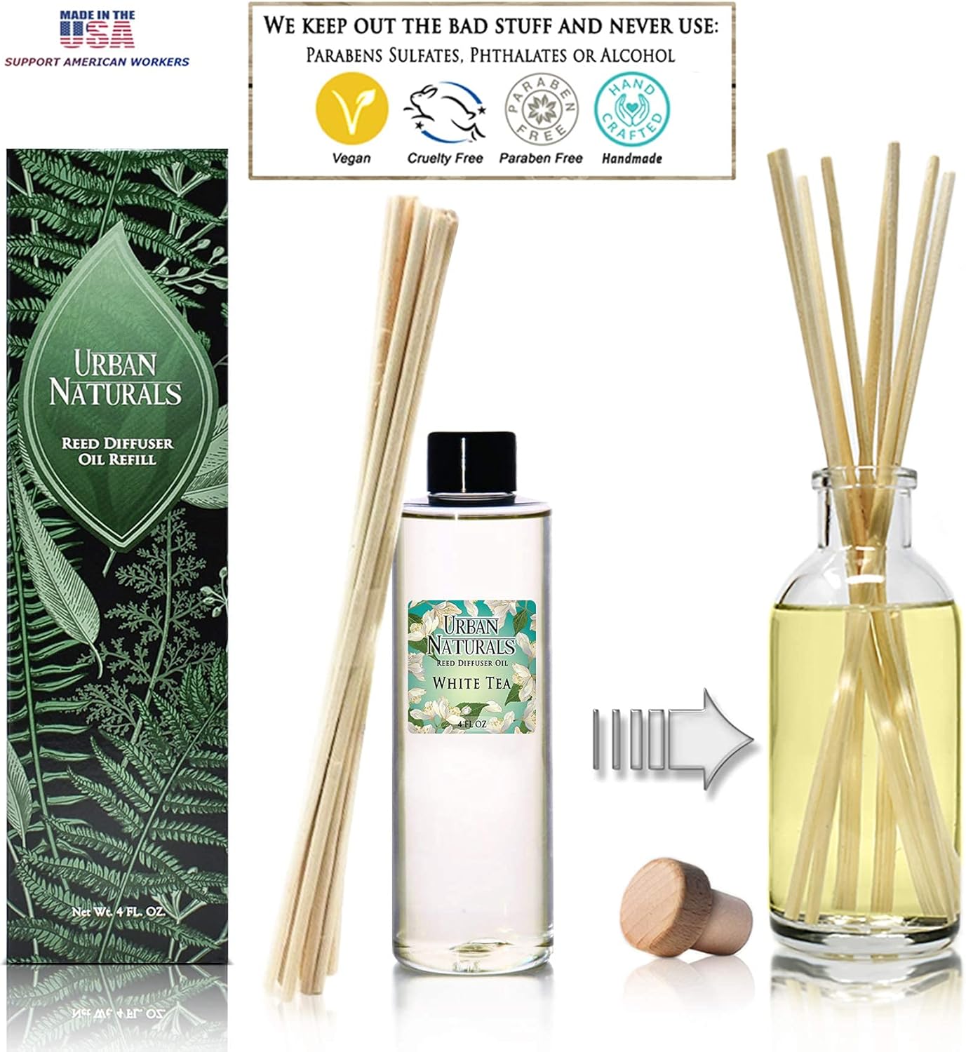 Urban Naturals White Tea Scented Oil Reed Diffuser Refill, 4 oz., Includes Free Set of Reed Sticks