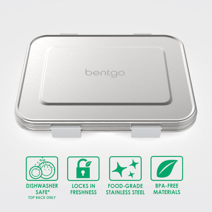 Bentgo Kids Stainless Steel Leak-Resistant Lunch Box - 3-Compartments with Bonus Silicone Container, Durable, Eco-Friendly, Dishwasher Safe, BPA-Free, Ideal for School, Ages 3+ (Silver)