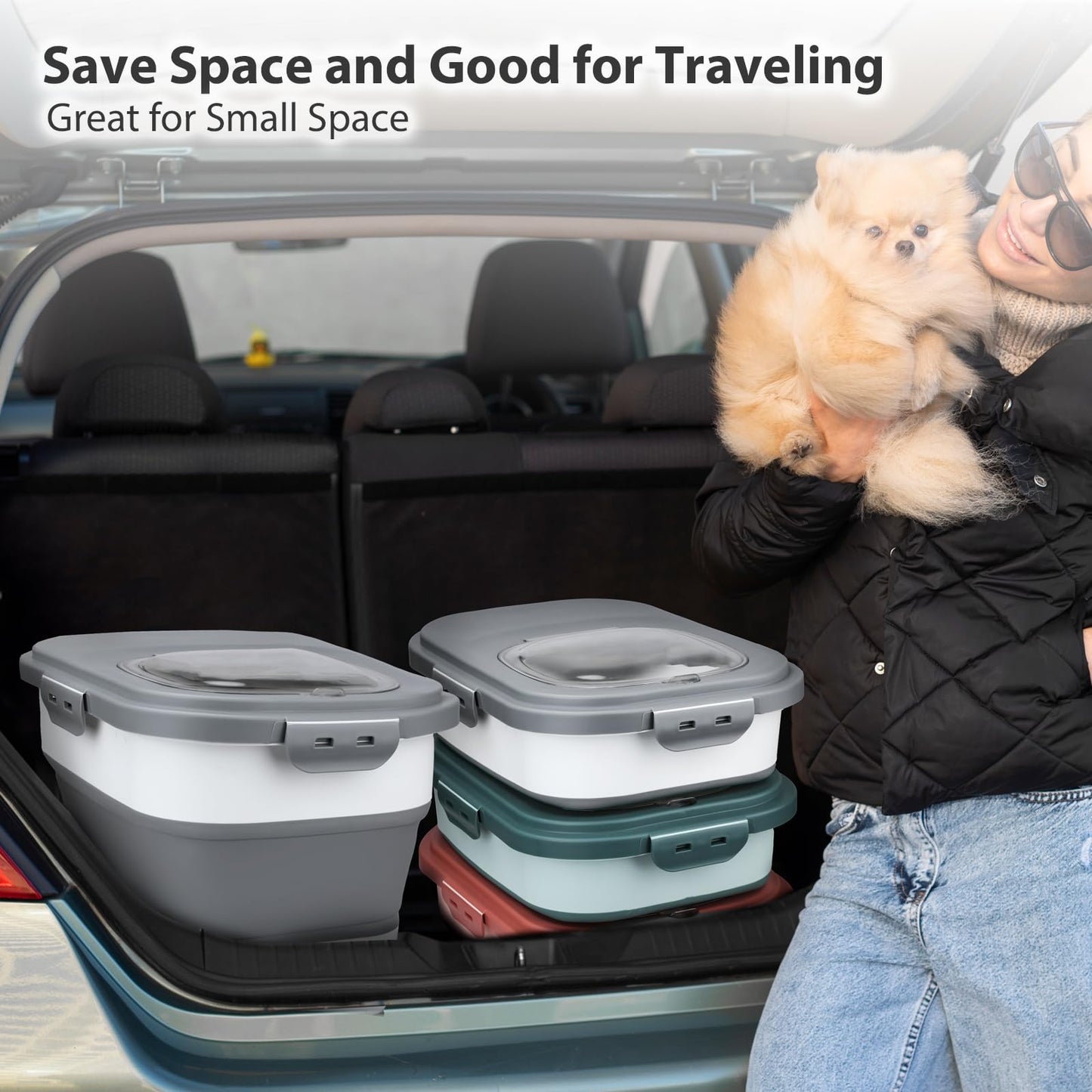 Viretec Dog Food Storage Container, 10-20Lbs Collapsible Pet Food Storage Containers with Rolling Wheel Airtight Locking Lid, Dry Food Storage Bin with Cup and Scoop,Suitable for Pet Food, Rice, Flour