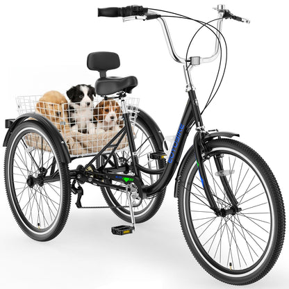 MOPHOTO Adult Tricycle 7 Speed, 20/24/26 Inch Low Step-Through Adult Trike with Large Rear Basket, 350 lbs Capacity 3 Wheel Bike for Seniors, Women and Men