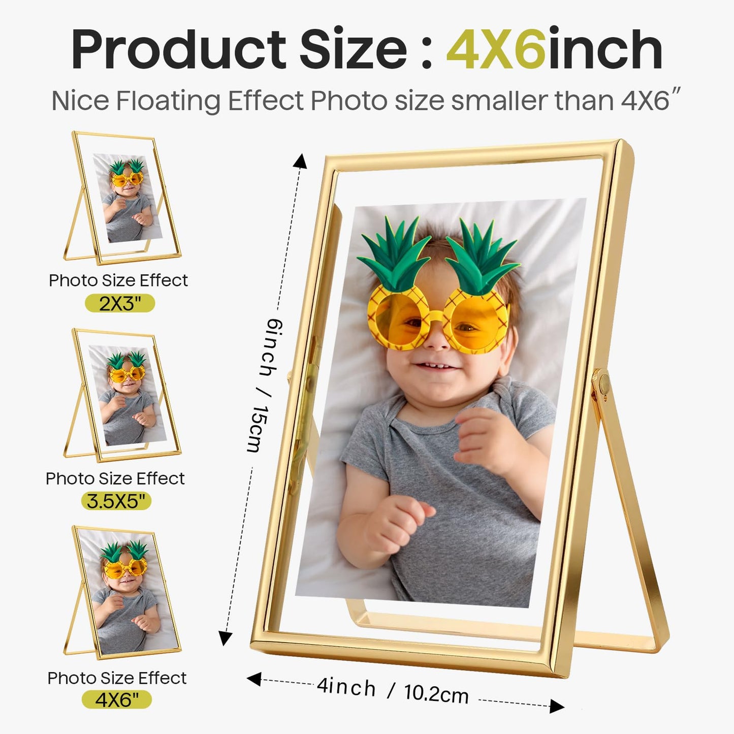 JOJOWISE Gold 4x6 Floating Picture Frame For (2x3'', 3.5x5'', up to 4x6'') Photos, Adjustable TabletopShelf Display Premium Gift picture frame 3.5x5'' for Wedding, Thanksgiving, Christmas Home & Office Décor