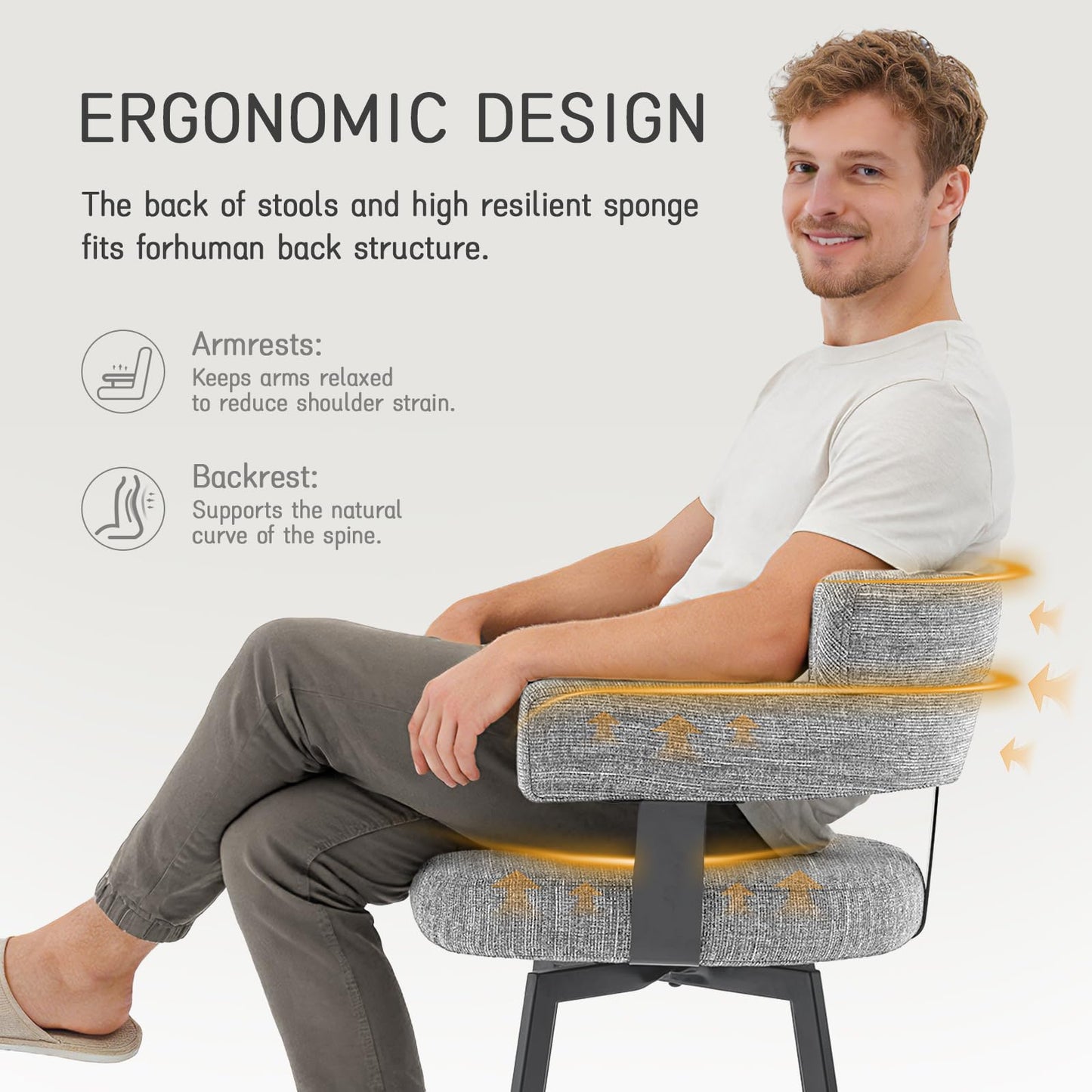 FERFALDER Counter Height Bar Stools with Full Back – Swivel Counter Stools Set of 2 with Linen Padded Back, Metal Footrest, Modern Barstools for Kitchen Counter, Island, Dining Room, Grey 24 inch
