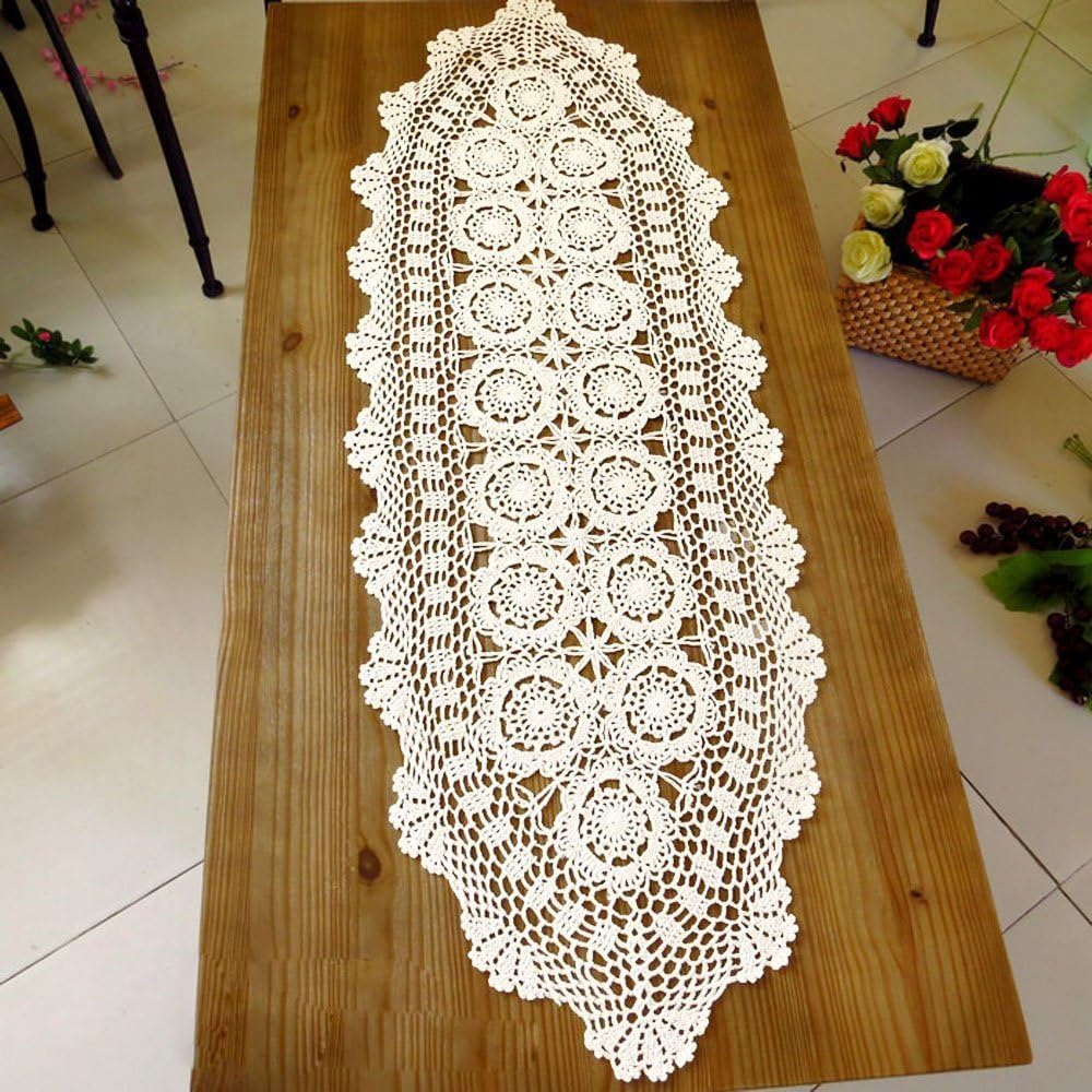 14x72 inch KEPSWET Cotton Handmade Crochet Lace Oval Table Runner Dresser Console Coffee Table TV Stand Decor White