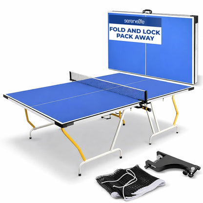 SereneLife Collapsible Full Size Ping Pong Table, 9’ x 5’ Regulation Fold-Flat Table Tennis, Hinged Panels for SUV Transport and Easy Storage, Portable Space-Saving Design, Net & Post Set Included