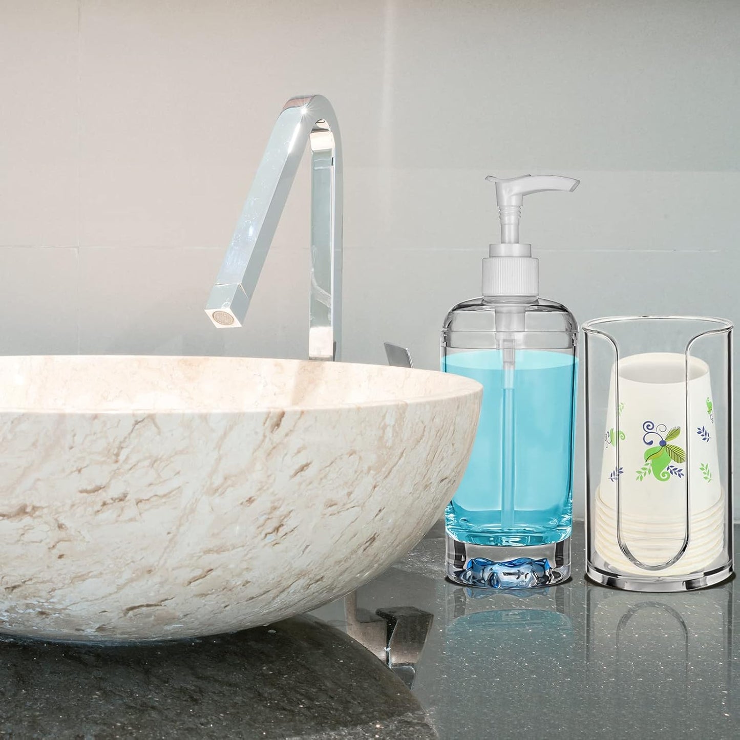 19.6 oz Countertop(1 Set) Patelai Mouthwash Dispenser with Cup Holder Clear Acrylic Refillable Mouth Wash Pump Bottle
