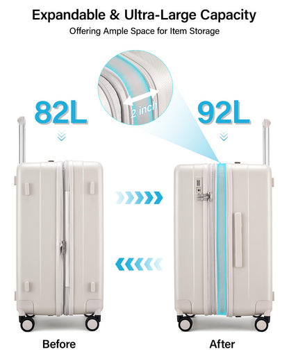 Hanke 24 Inch Plus Expandable Luggage Large Suitcases with Wheels, Medium Checked Luggage Hard Shell Suitcases, PC Trunk Luggage Extra Large Suitcase with Lock for Women Men(Ivory White)