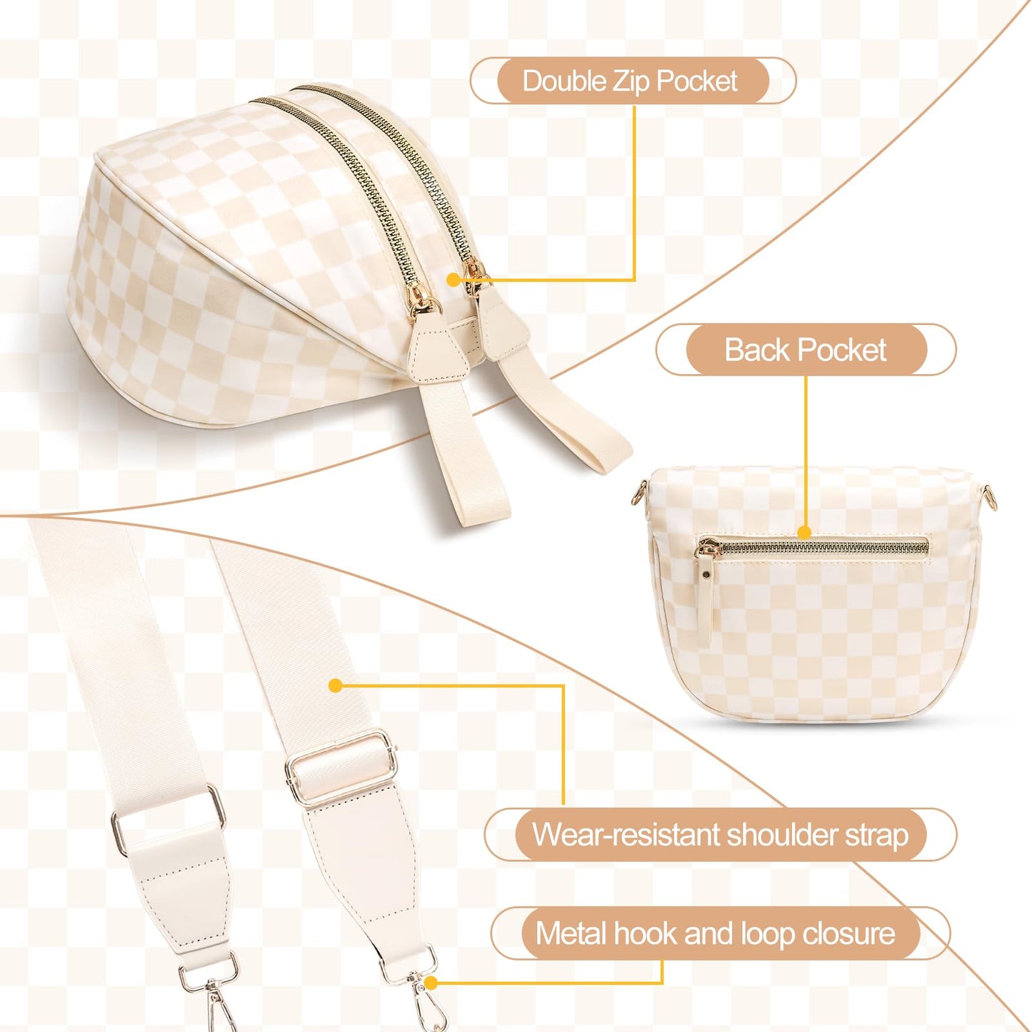 Checkered Crossbody Bag,Nylon Bum Bags for Women Crossbody,Spacious Sling Bag Purse Fanny Packs with Shoulder Strap