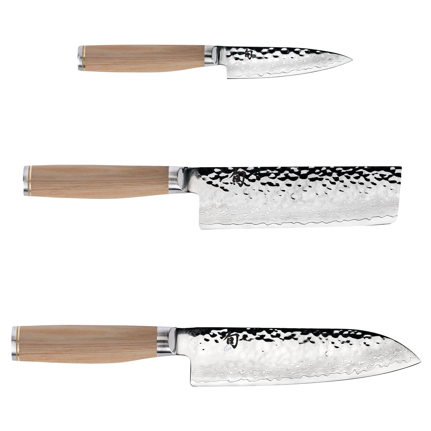 Shun Premier Blonde 3 Piece Japan Starter Set, Includes 7" Santoku, 4" Paring & 5.5" Nakiri Knives, Handcrafted Japanese Knife Set, VG-MAX Core with Damascus Stainless Steel Cladding, Pakkawood Handle