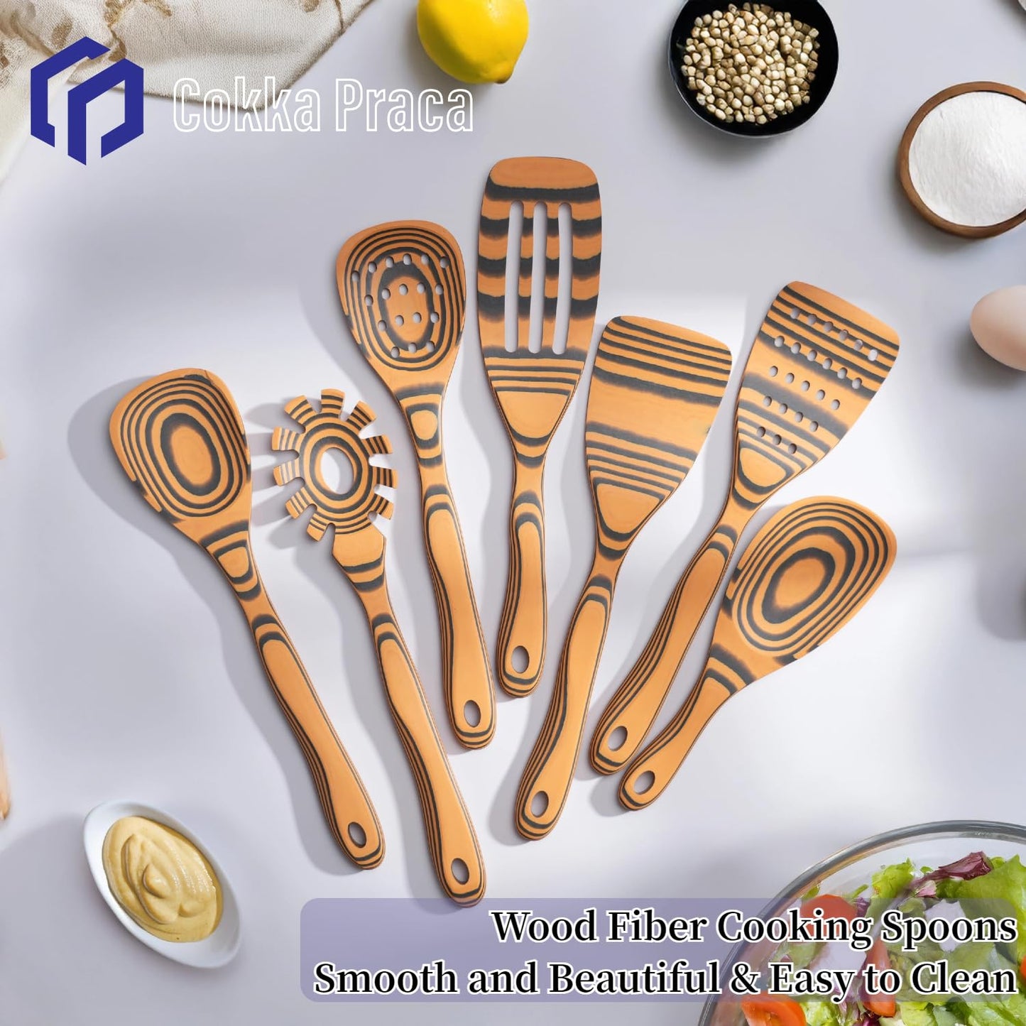 Dishwasher Safe & Heat Resistant Handcraft wood utensils set for cooking | 7-Piece Sturdy Wooden Kitchen Utensil Set for Nonstick Cookware | Wooden Cooking Spoon Set | Maintenance Free | Yellow Ochre