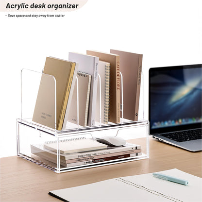 YUXUN Desk Organizer with Drawers, Acrylic File Organizer with 4 Vertical File Holders and 1 Sliding Drawer,Multifunction Desktop Accessories Storage for Home Office&School, Clear