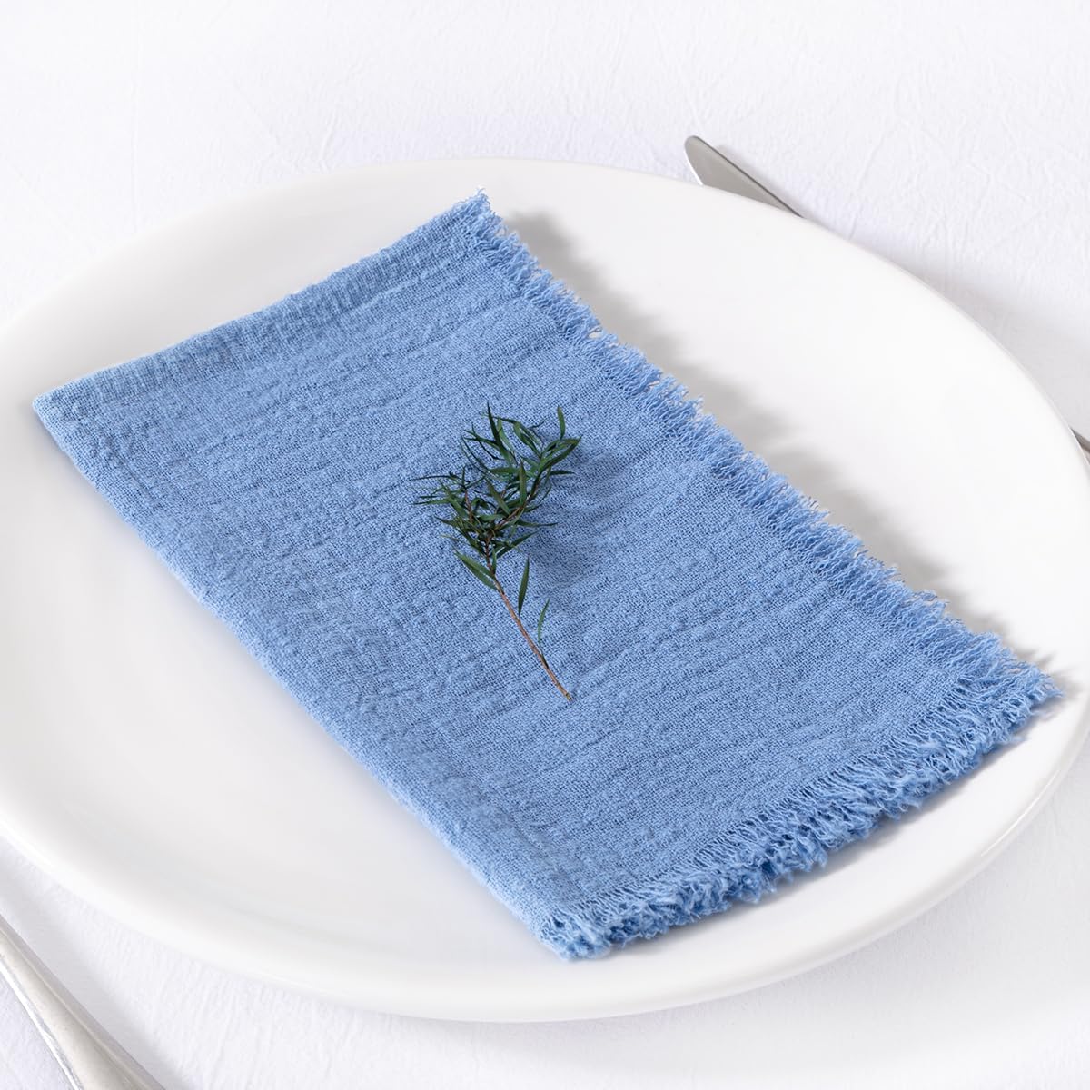 MLMC 6 Pack Dusty Blue Cloth Napkins with Fringe Boho Linen Napkins Washable Reusable Rustic Dinner Table Decor 17"×17" for Wedding Party Bridal Baby Shower Home Decor