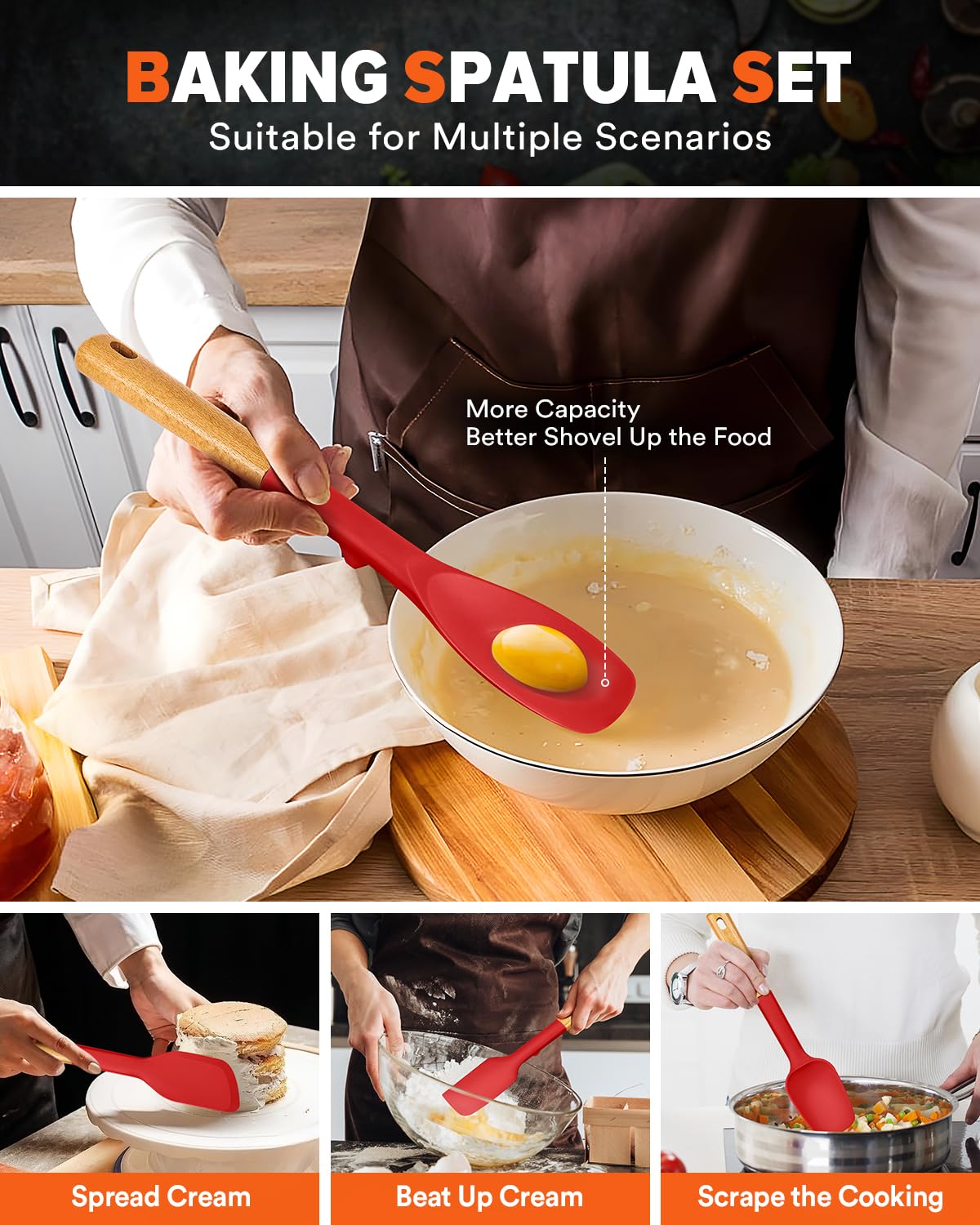 Silicone Spatula Spoon Set, Great for Mixing, Folding, Scraping, and Spreading, Sturdy BPA-Free Matte Silicone, Wooden Handle Rubber Spoonula for Nonstick Cookwares,4 Pack (RED)