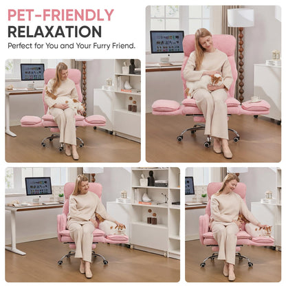 EGSEAT Big and Tall Office Chair with Flip Armrests, Cross Legged Office Chair with Storage Pockets, Comfortable Reclining Computer Chair with Foot Rest, Wide Home Desk Chair, Teddy Fleece, Pink