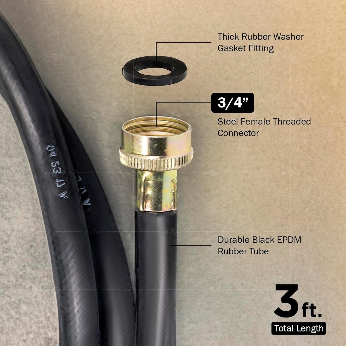 HIGHCRAFT 2564, 4 Feet Washing Machine Hose, Durable Black EPDM Rubber Tube Cover, 3/4" x 3/4" Female, MADE IN USA
