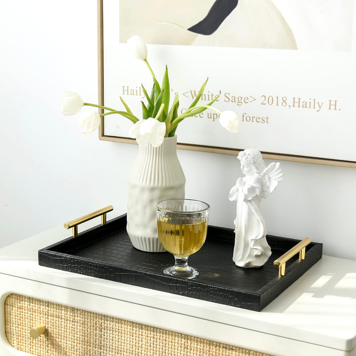 MACVAD Set of 2 Modern Elegant Large Wood Serving Tray, Rectangle Decorative Tray Ottoman Tay Coffee Table Tray, Black Crocodile Leather with Gold Polished Metal Handles