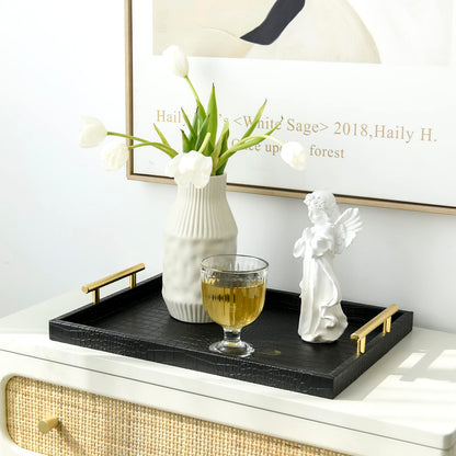 MACVAD Set of 2 Modern Elegant Large Wood Serving Tray, Rectangle Decorative Tray Ottoman Tay Coffee Table Tray, Black Crocodile Leather with Gold Polished Metal Handles