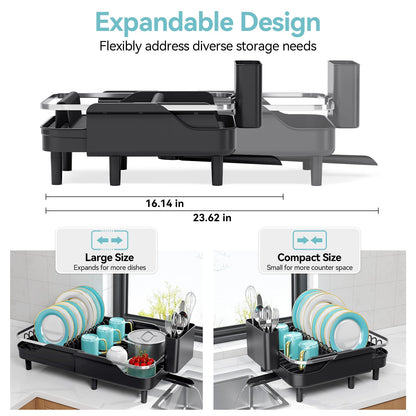 Urackify Expandable Dish Rack for Kitchen Counter,16.14"-23.62" Large Stainless Steel Dish Drying Rack with Adjustable Water Spout, Space Saving Dish Drainer with Auto Draining Cutlery Holder,Black