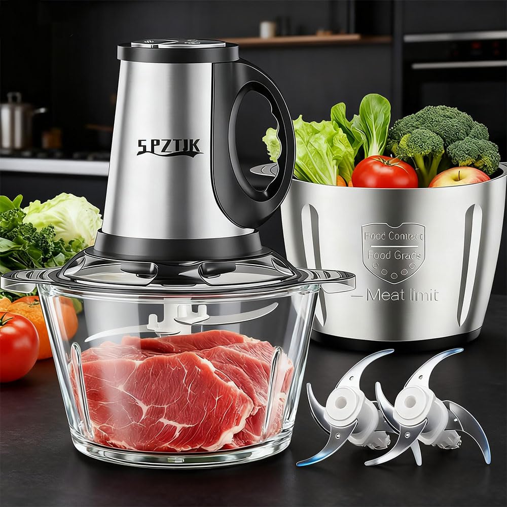 SPZTJK 3-Speed Electric Food Processor: Meat Grinder, Vegetable Chopper & Baby Food Maker - 300W, 2 Bowls (8 Cup Stainless Steel+8 Cup Glass), Quiet Operation