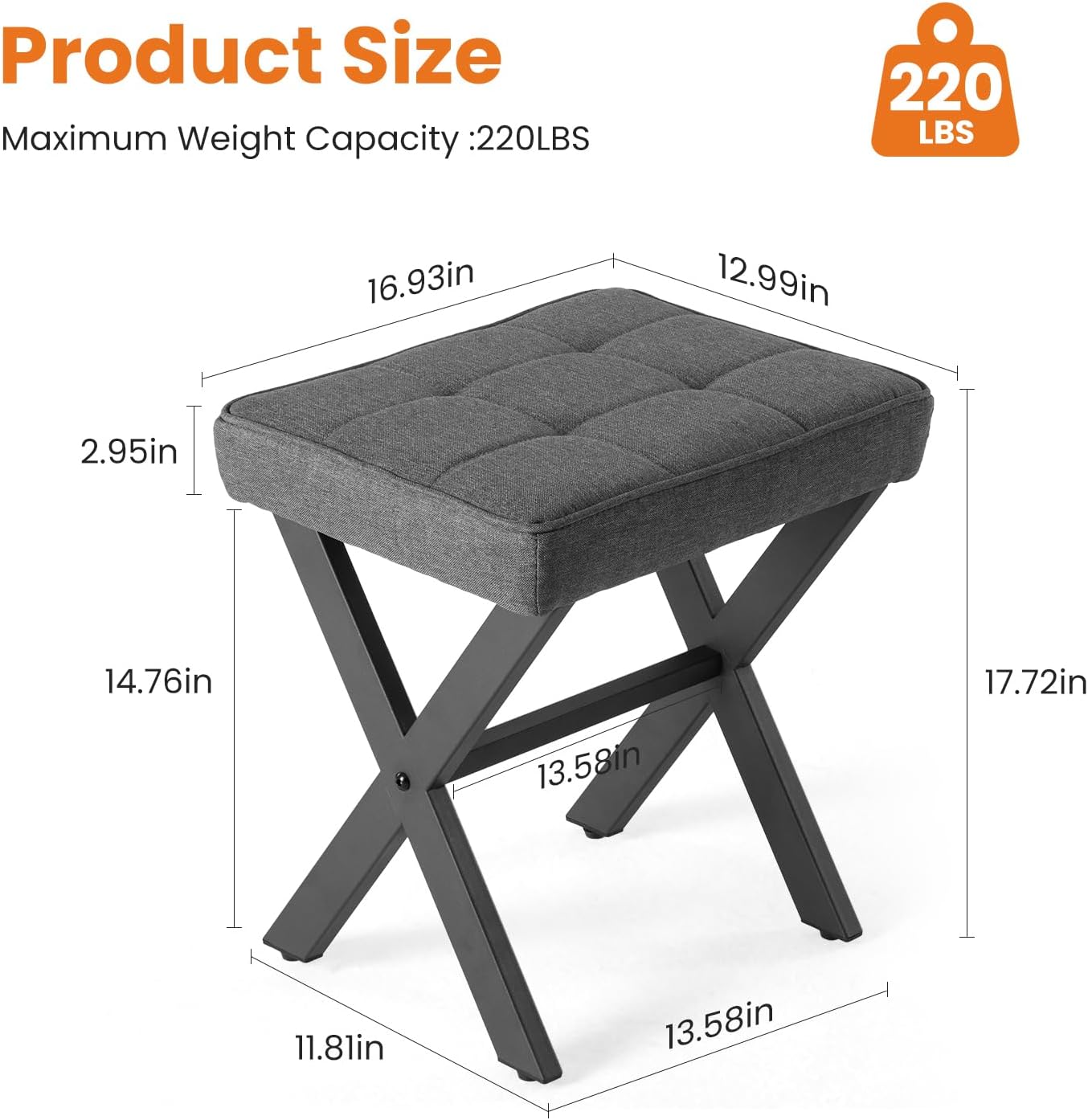 Sweetcrispy Vanity Stool Ottoman, Square Linen Makeup Stool Metal X Legs, Small Footstool Chair for Vanity, Modern
