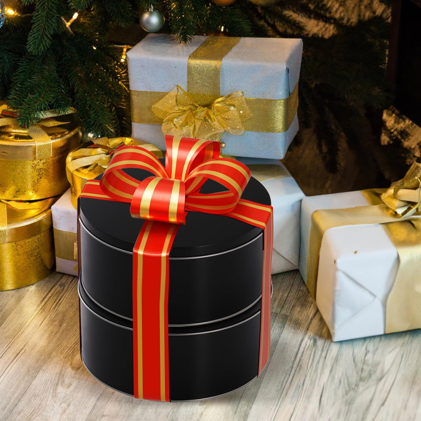 Yopay 3 Pack Cookie Tin with Lid, Round Gift Tin, Black Baking Cake Container for Storing Patisseries, Snack, Chocolate, Easter, Special Occasion, Holidays, 7" Wide by 3.2" Tall