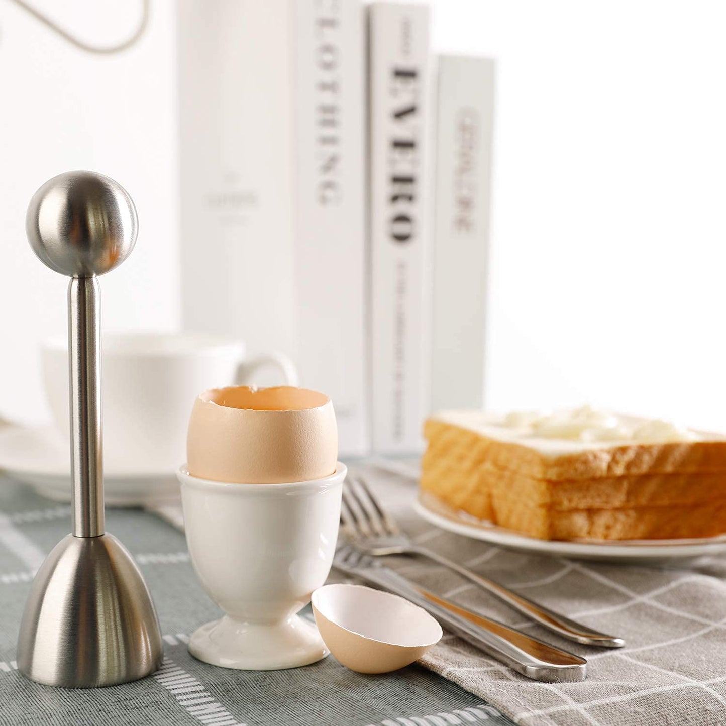 Egg Cracker Topper Set for Soft Hard Boiled Eggs Shell Removal Includes 1 Egg Cutter 4 Ceramic Egg Cups and 4 Spoons