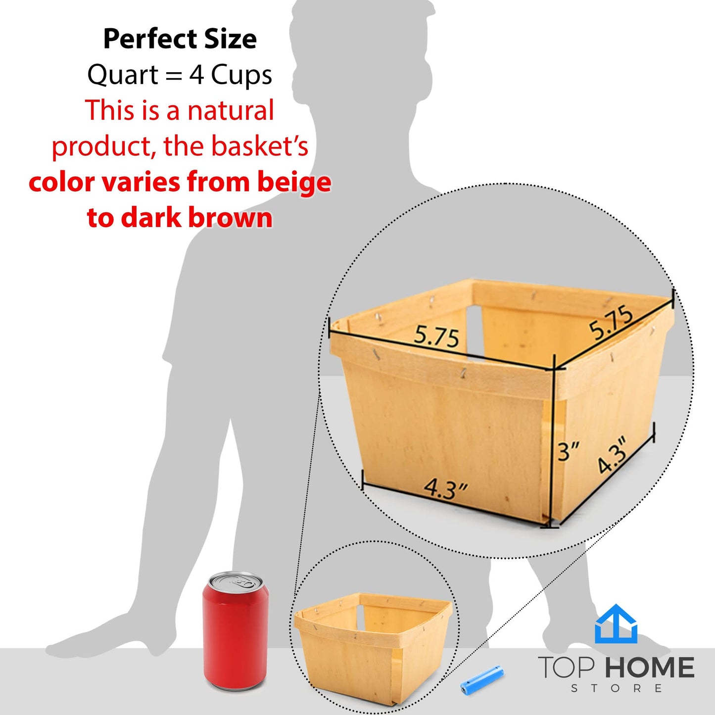 One Quart Wooden Gift Baskets (50 Pack); for Picking Fruit or Arts, Crafts and Decor; 5.75” Square Vented Wood Boxes