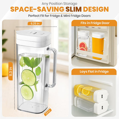 2 (2 64oz SlimFit Quart Liter) pitcher with lid - Water jug for fridge door - Leakproof plastic pitcher with lid