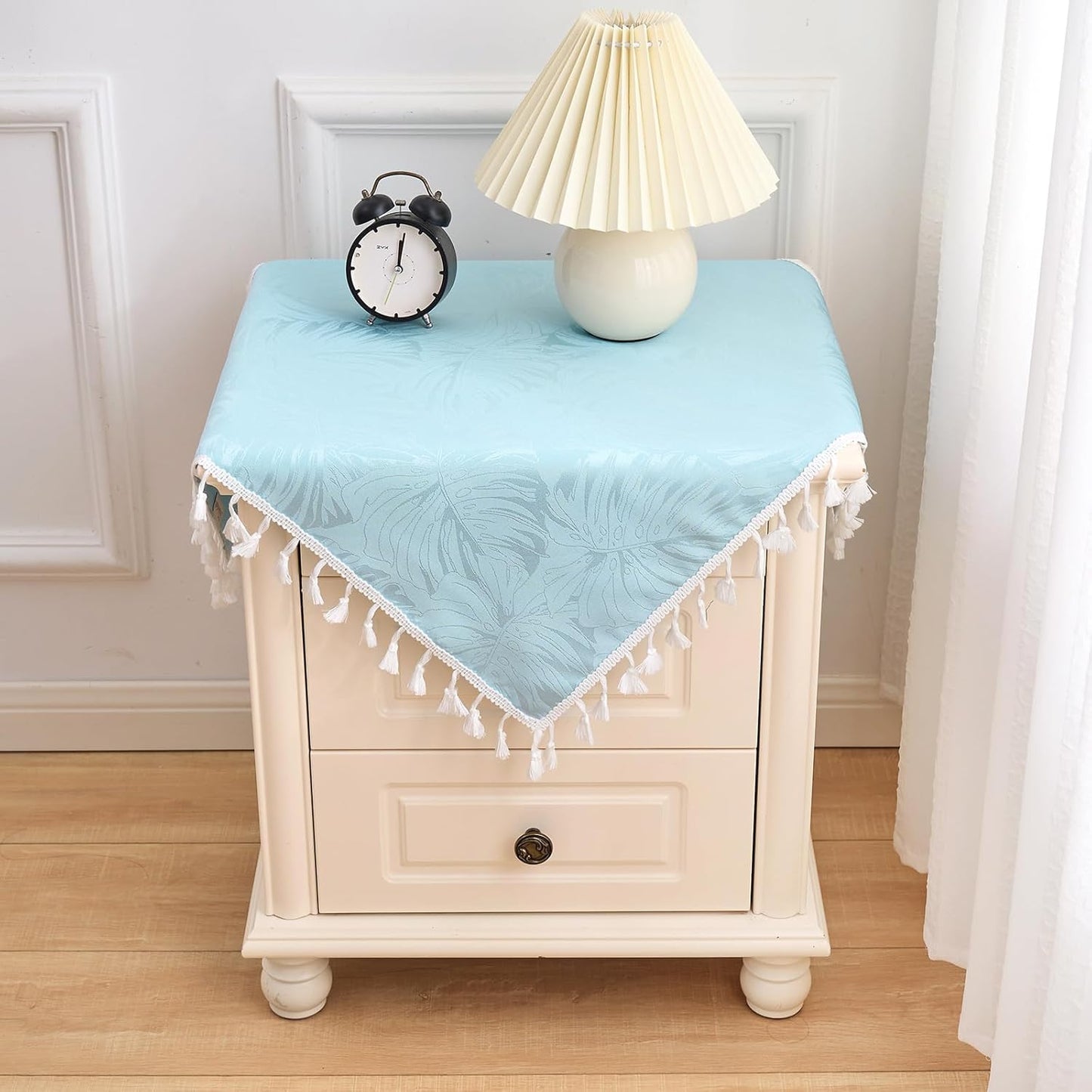 24x24 Inch Square Tablecloth Blue Leaves Pattern with Fringe Edge Waterproof Washable Jacquard Fabric Nightstand End