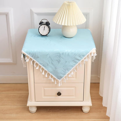 24x24 Inch Square Tablecloth Blue Leaves Pattern with Fringe Edge Waterproof Washable Jacquard Fabric Nightstand End