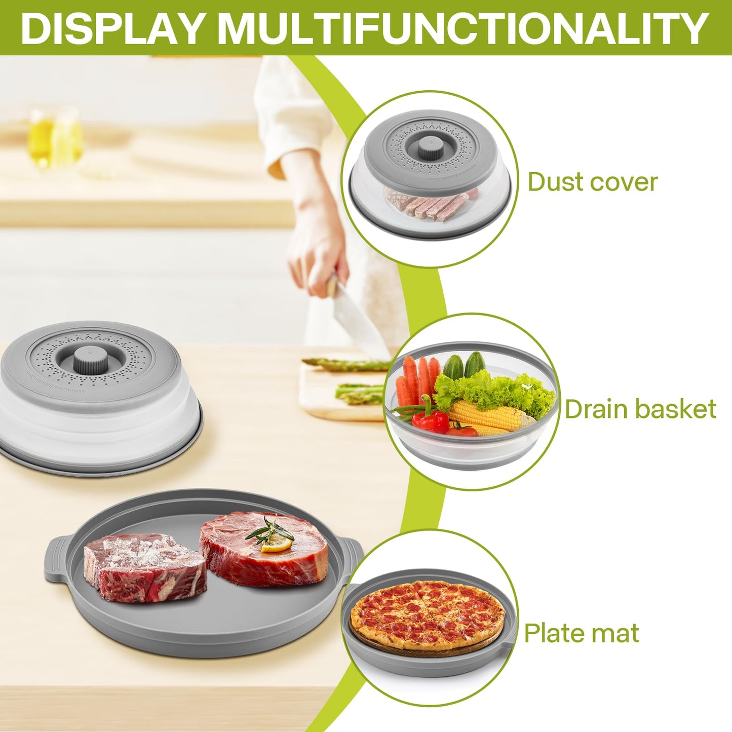 Microwave Splatter Cover for Food with Anti-scald Base Plate,Large Plastic & Silicone Vented Avoid Scalding Collapsible Guard Lid,Kitchen Essential Gadgets for Meal Prep-10.7 Inch (gray)