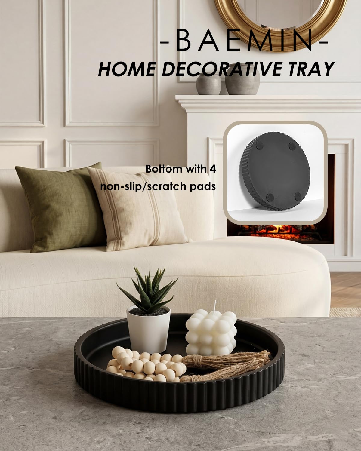 Baemin Concrete Coffee Table Tray, 11" Decorative Tray for Home Decor, Sturdy Modern Centerpiece, Round Serving Tray with Fluted Edge, Black