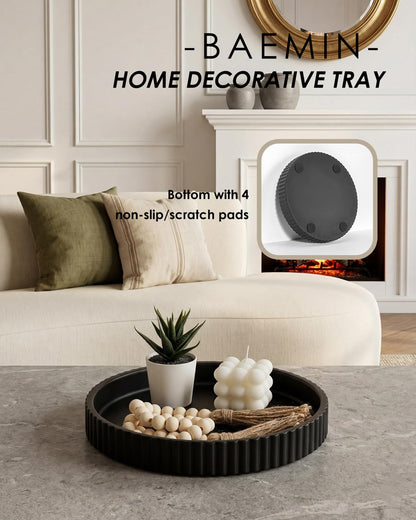 Baemin Concrete Coffee Table Tray, 11" Decorative Tray for Home Decor, Sturdy Modern Centerpiece, Round Serving Tray with Fluted Edge, Black
