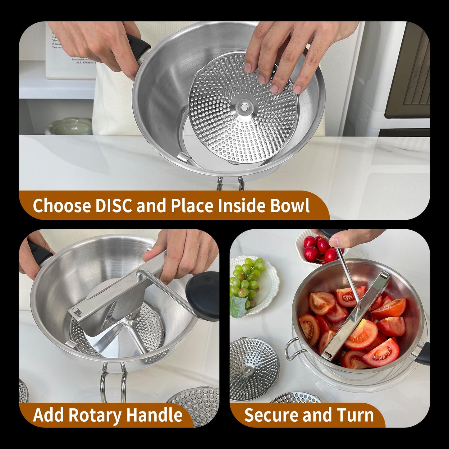 Stainless Steel Ergonomic Food Mill with 3 Grinding Discs, Compralo Rotary Food Mill for Tomato Apple Sauce, Puree, Mashed Potatoes, Jams, Dishwasher Safe