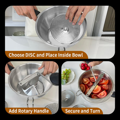 Stainless Steel Ergonomic Food Mill with 3 Grinding Discs, Compralo Rotary Food Mill for Tomato Apple Sauce, Puree, Mashed Potatoes, Jams, Dishwasher Safe