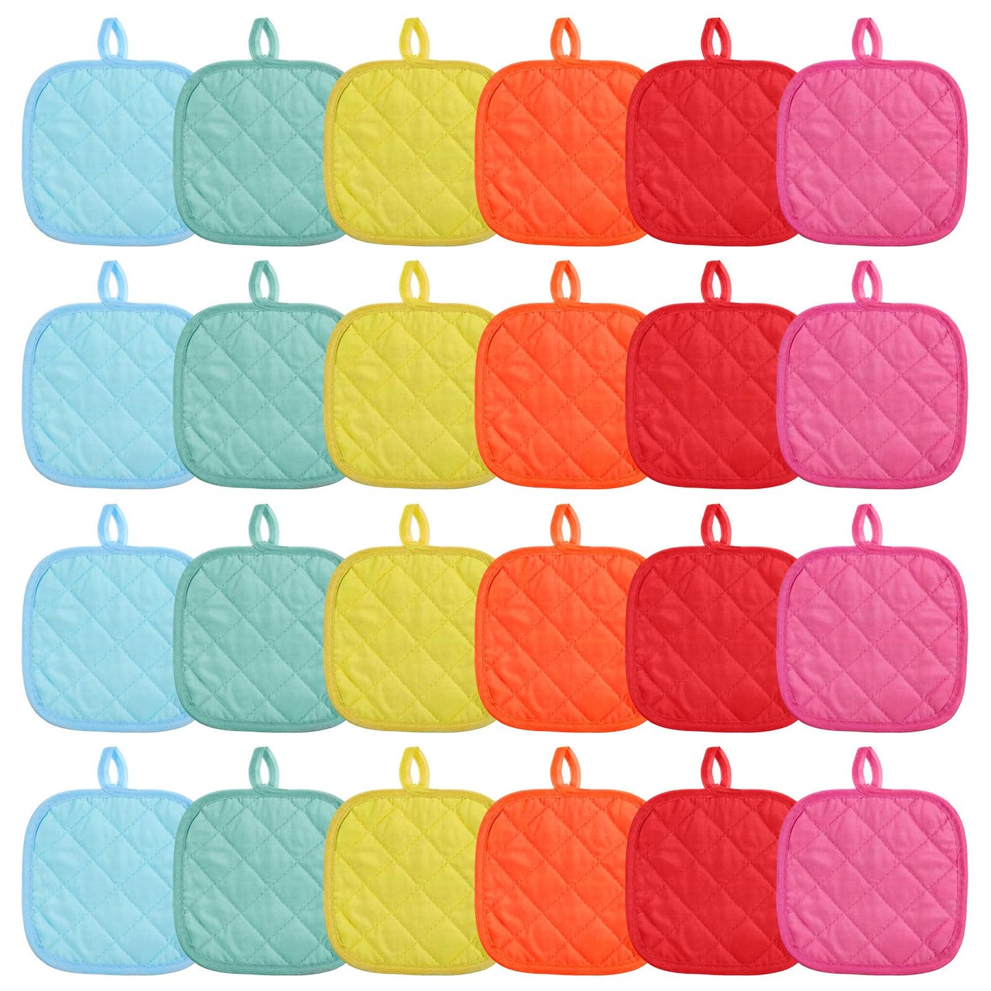 24 Pcs Pot Holders for Kitchen, Heat Resistant Quilted Hot Pads & Oven Mitts with Hanging Loops, Multicolor Cotton Potholder Set for Cooking & Baking (6 Colors)