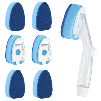 Clioran Dishwand Refills Sponges Heads with Soap Control Handle, 6 Non-Scratch Replacement Sponge Head for Dish Wand,Leak-Proof Handle,Universal Compatible Soap Dispensing Brush for Kitchen,Dishwasher