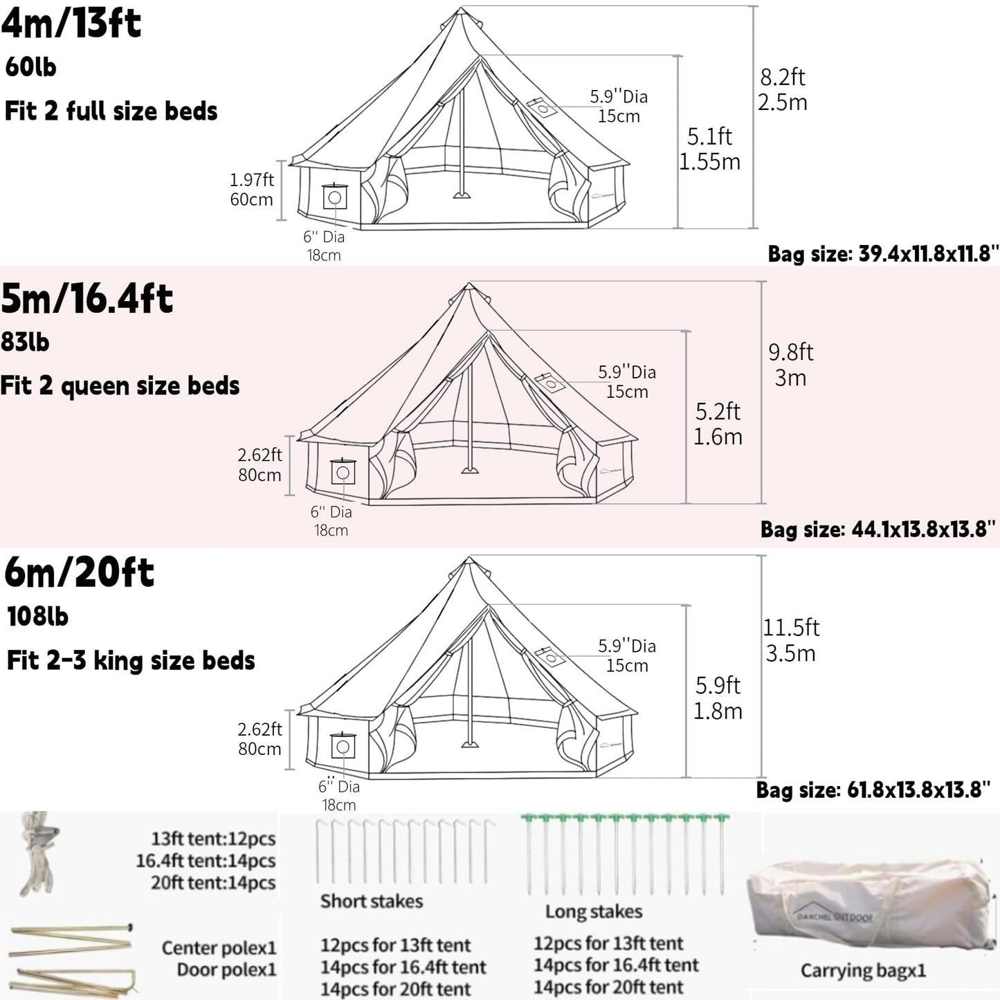 DANCHEL OUTDOOR 4 Season Canvas Yurt Tent with Large Wood Stove, Heavy Duty Bell Tent with Stove Jack 4 Person Winter Camping Glamping, 13ft/4m