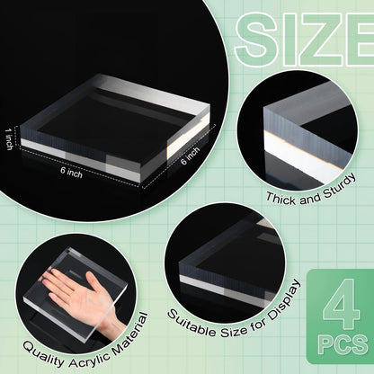 Qunclay 4 Pcs 6 x 6 x 1 Inches Acrylic Square Display Block Clear Polished Acrylic Cubes Jewelry Display Stand for Jewelry Ring Showcase Holder Base Collections