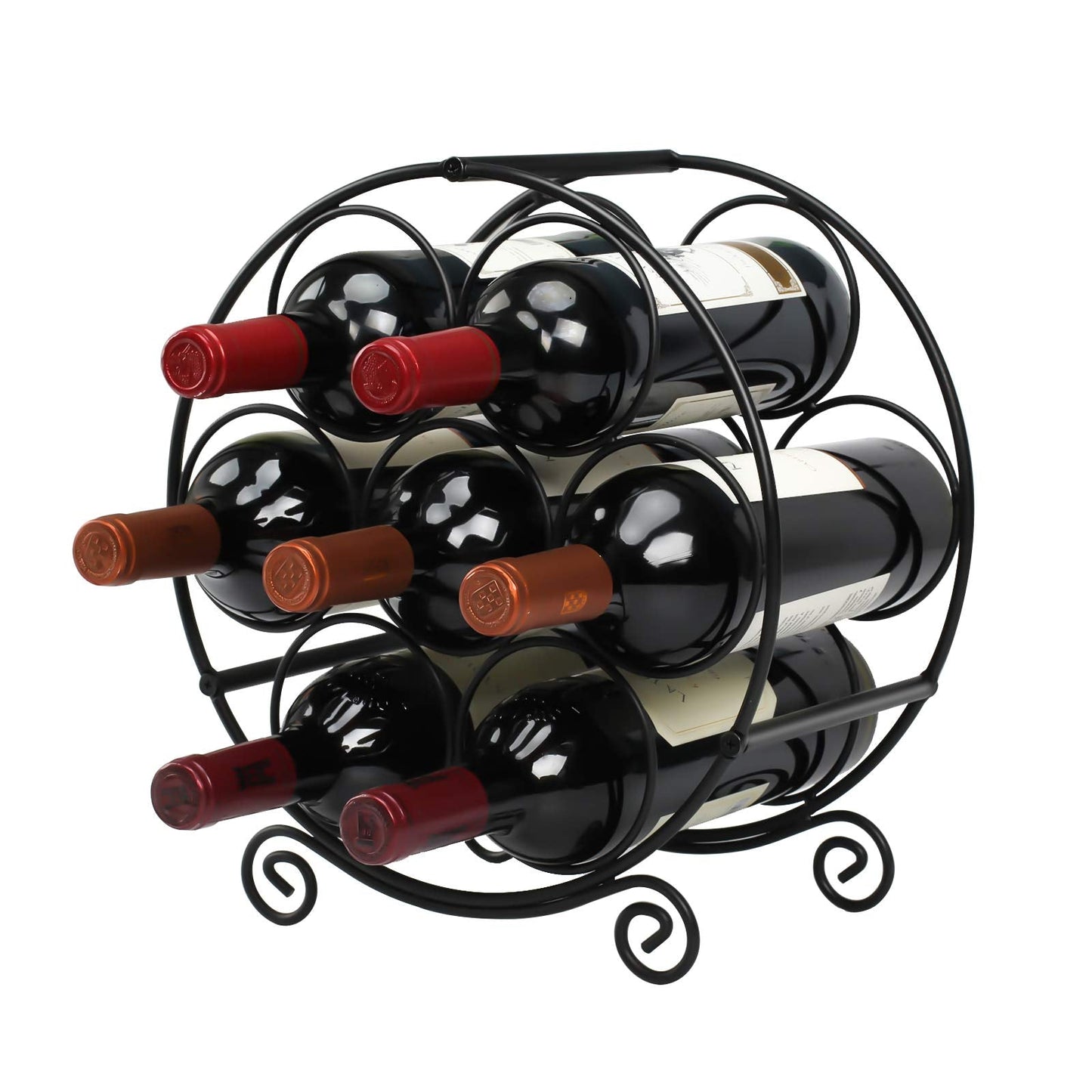 TreeLen Wine Racks Countertop, 7 Bottles Wine Organizer Stand, Metal Free Standing Wine Storage Holder, Water Bottle Holder Stand-Black