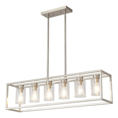 XILICON Dining Rooms Brushed Nickel Chandeliers,Kitchen Island Farmhouse Lighting Fixture Industrial Rustic Ceiling Hanging 6 Light Modern Pendant Light with Glass Shade