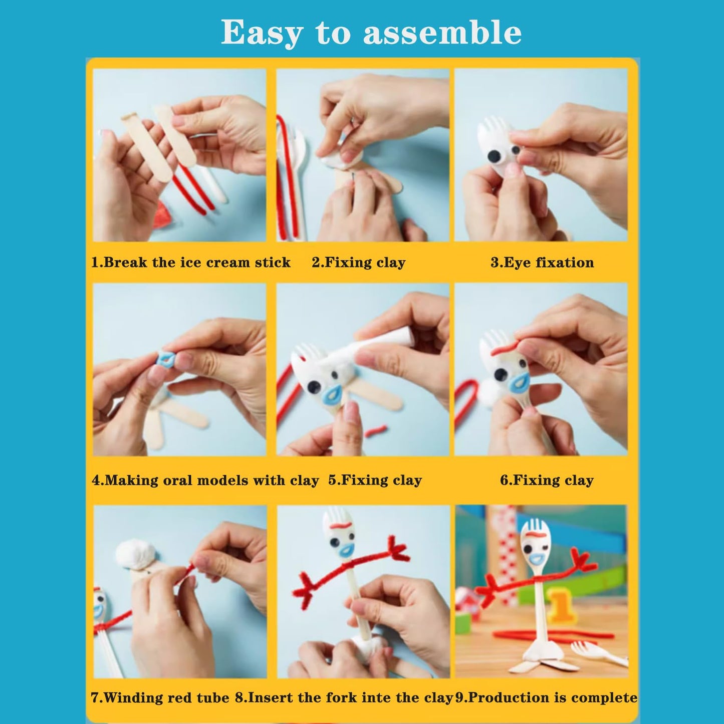 100 Set Fork Creativity Set, Air Dry Clay Plastic Sporks Red Pipe Cleaners Clever Eyes Popsicle Stick,Make Your own Forky