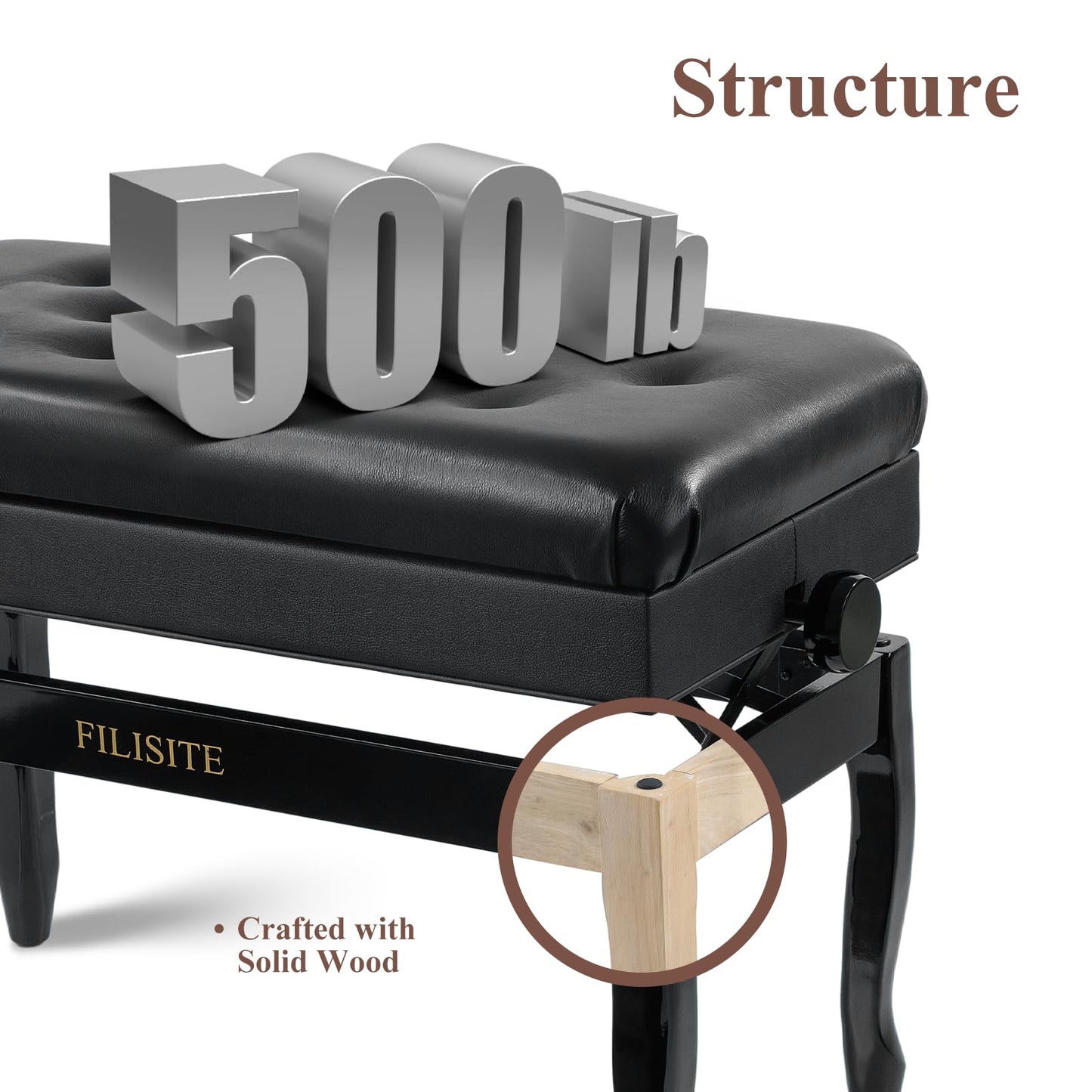 FILISITE Genuine Leather Piano Bench with Storage, Adjustable Height Keyboard Bench with High-Density Sponge Cushion,Curved Legs for Piano/Keyboard, Supports Duet Playing,Black