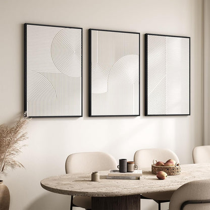 Skiennix Large Framed 3D Textured Abstract Wall Art - Modern White Geometric Decor | 24x36 In, 3 Piece Set