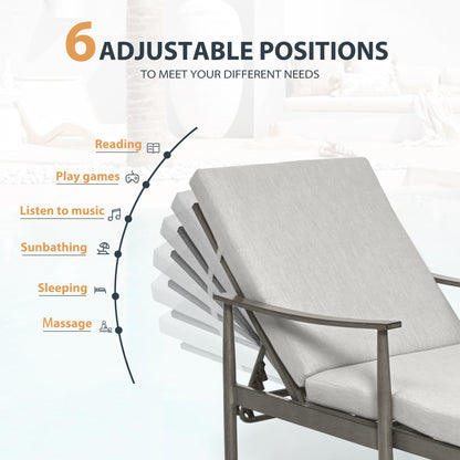 HAPPATIO Outdoor Chaise Lounge - Aluminum Pool Lounge Chair with Adjustable Backrest and Cushion, Curved Armrest, Outdoor Lounge Chair for Beach, Yard, or Poolside (Grey)