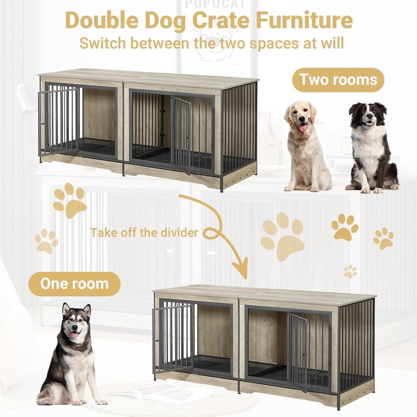 Rovibek 75'' Double Dog Crate Furniture for 2 Large Dogs, Heavy Duty Furniture Style Dog Crates End Table, Wood Crates for Dogs Kennel Indoor with Double Door, Grey