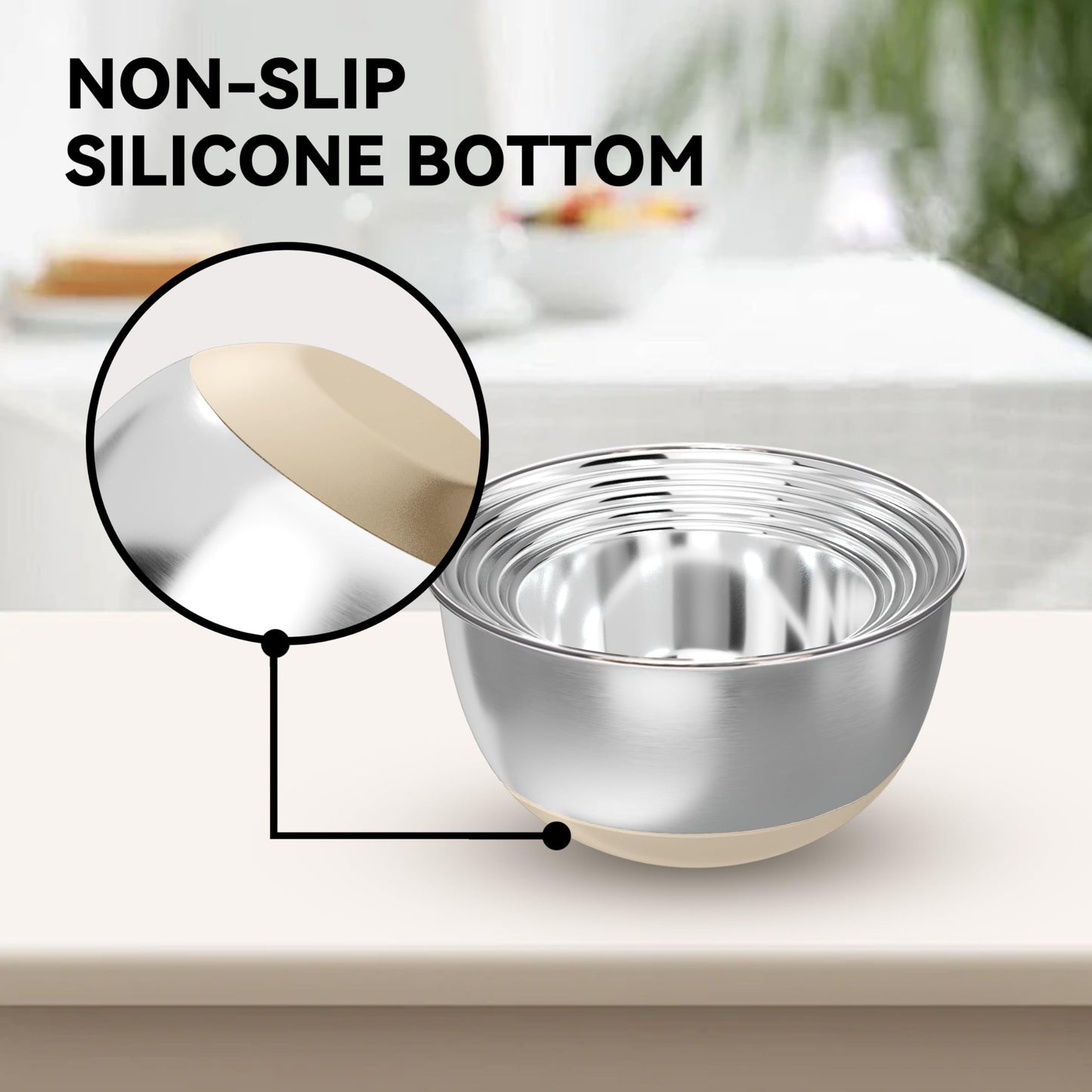 KITEISCAT Stainless Steel Mixing Bowls with Lids – Set of 5 Large Nesting Metal Bowls for Kitchen, Baking, Cooking, Food Prep & Storage, Non-Slip Base, Dishwasher Safe,Khaki